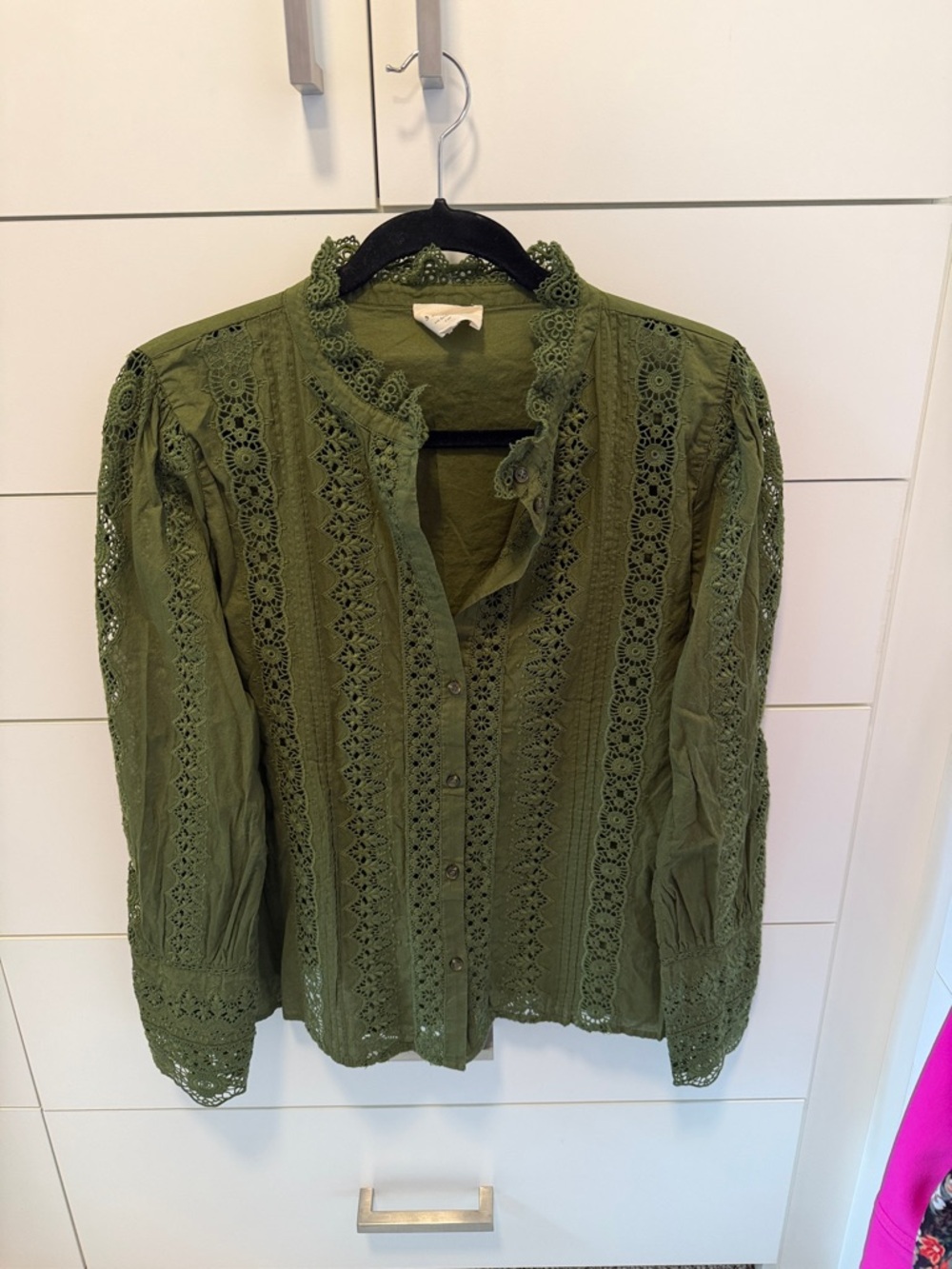 Sezane Olive Green Lace-Trim Button Blouse